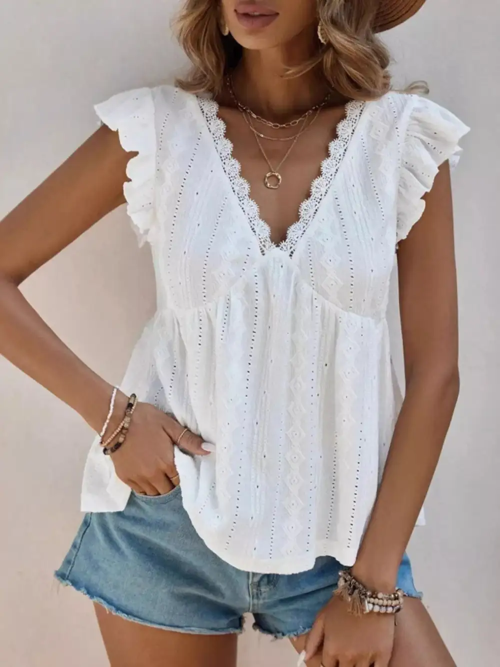 Ruffle Sleeve V Neck Blouse