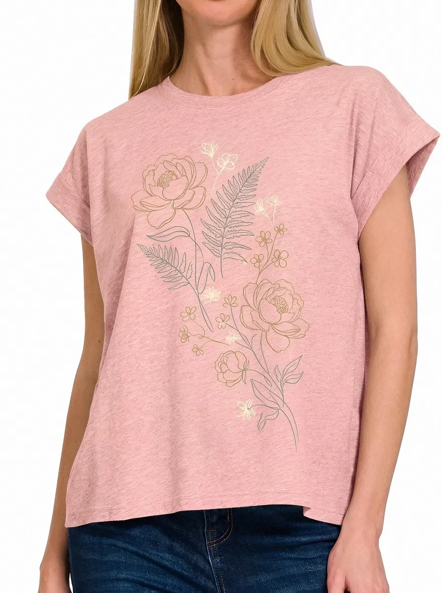 Women's Botanical Floral Fern Line Art Printed T-shirt