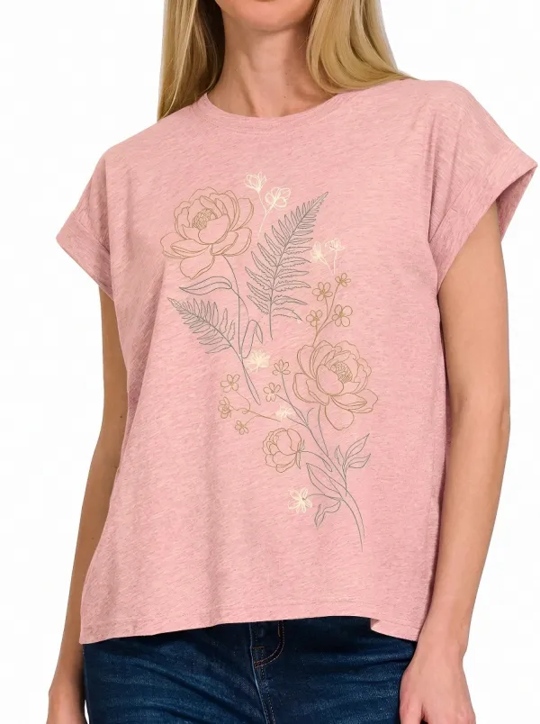Women's Botanical Floral Fern Line Art Printed T-shirt