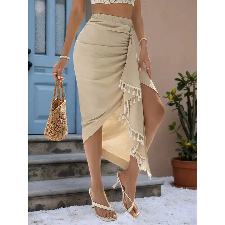 Asymmetric Tassel Wrap Skirt