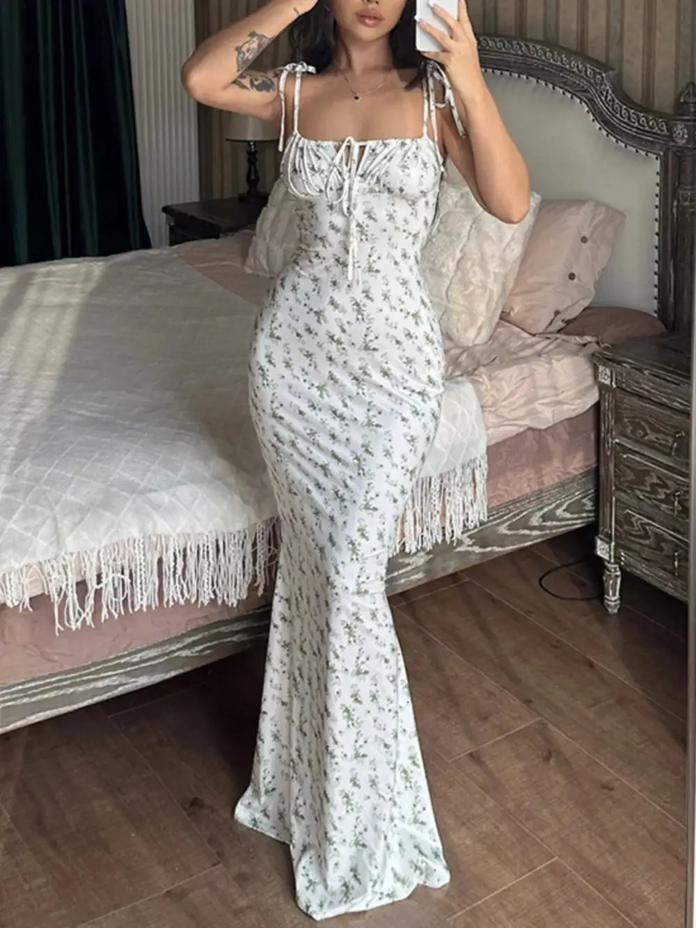 Relaxed Floral Print Tie Strap Bodycon Maxi Dress