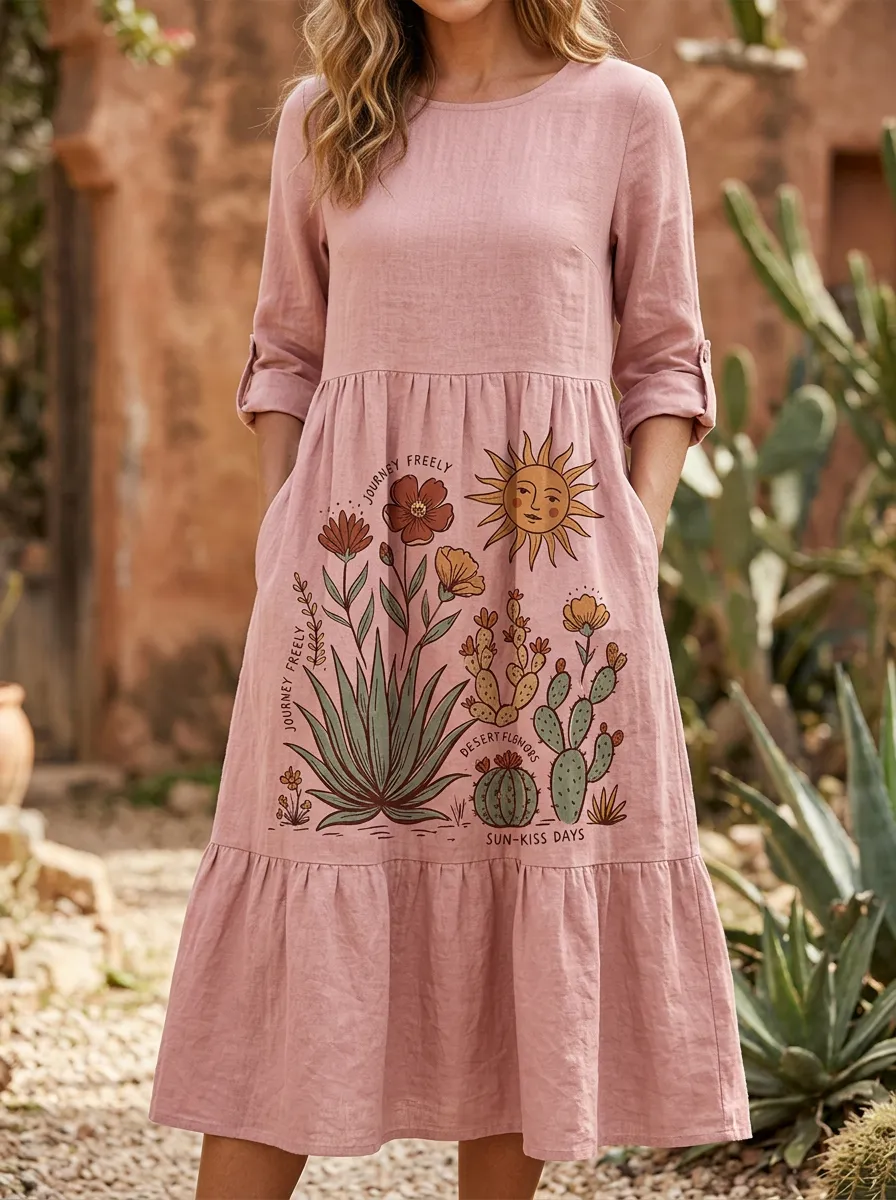 Women's Boho Desert Cactus Sun Printed Linen Dress