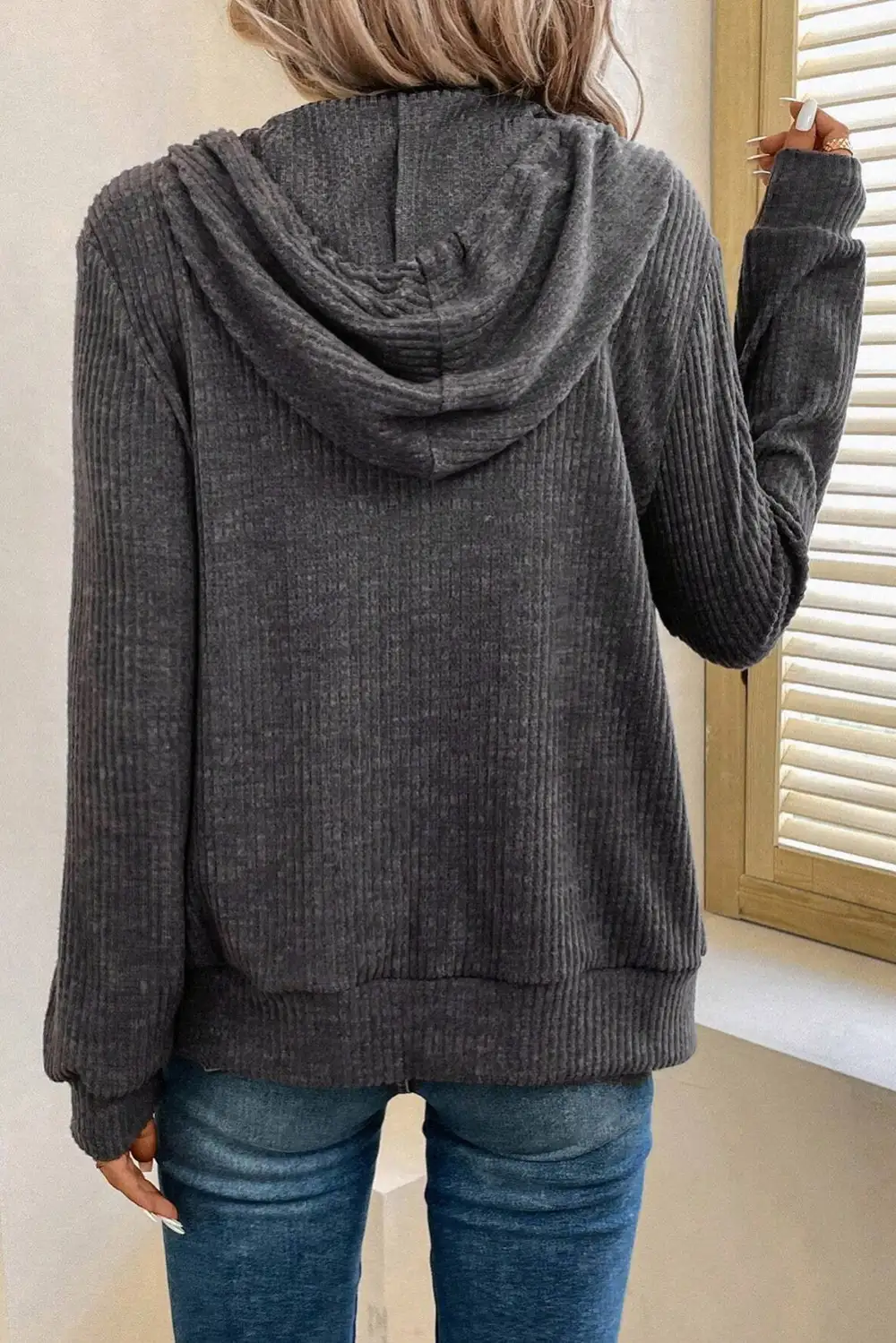 Drawstring Pocketed Ribbed Textured Hoodie