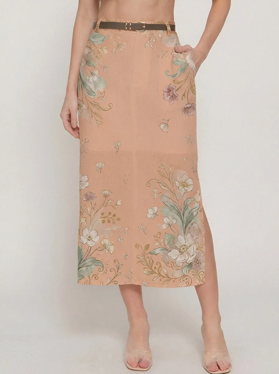 Women's Vintage Botanical Floral Printed Midi Skirt