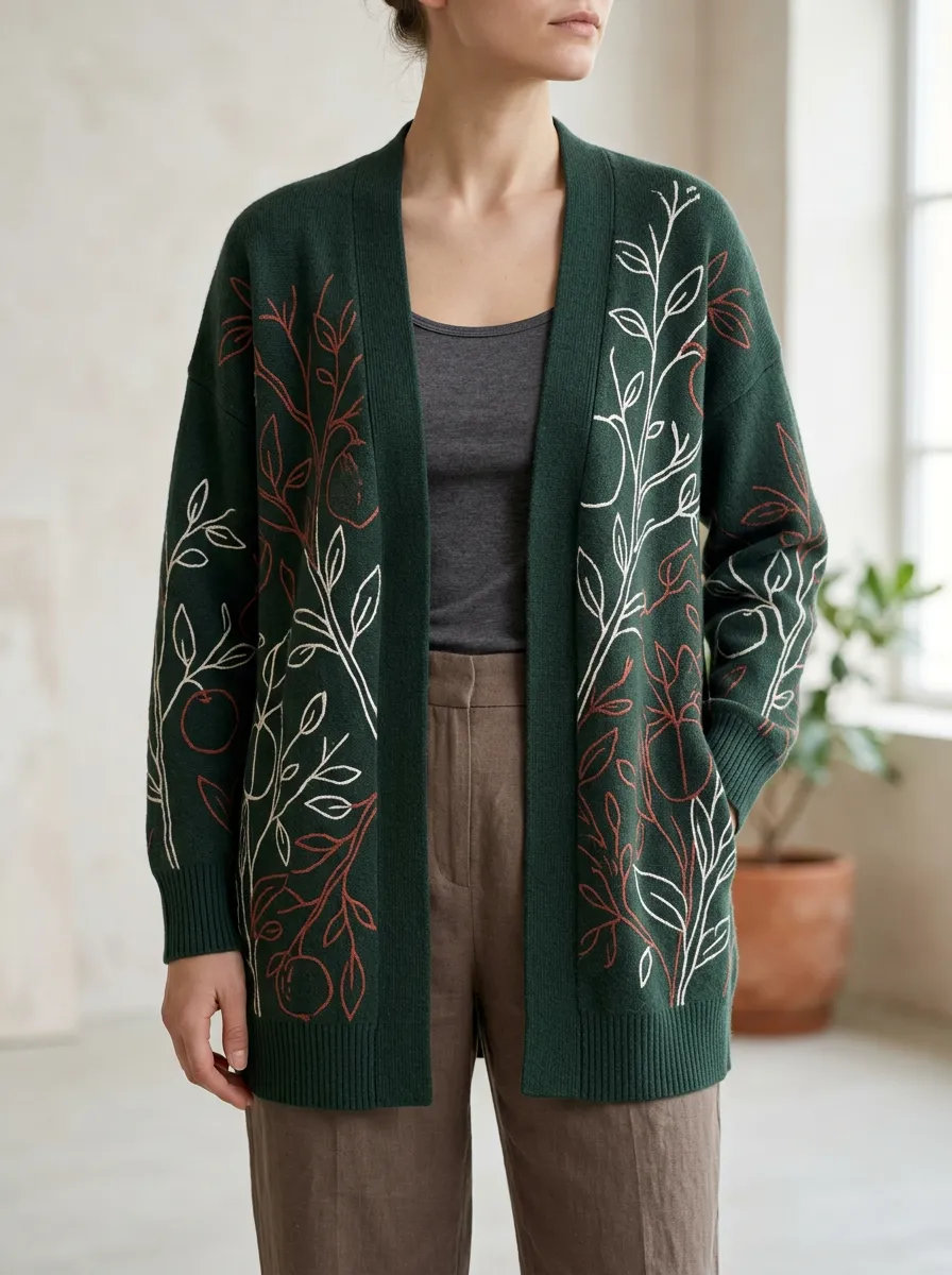 Women's Botanical Nature Lover Fruit Branch Printed Ribbed Trim Relaxed Layering Cardigan