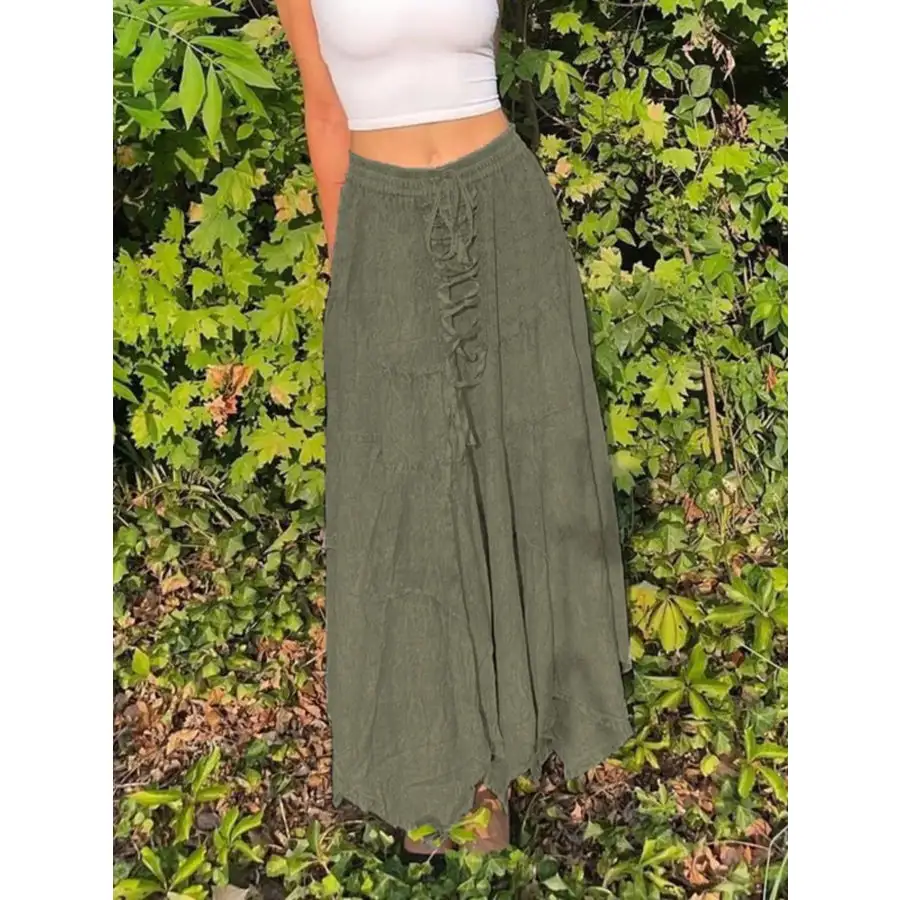 Asymmetrical Hem Midi Skirt with Drawstring Waist
