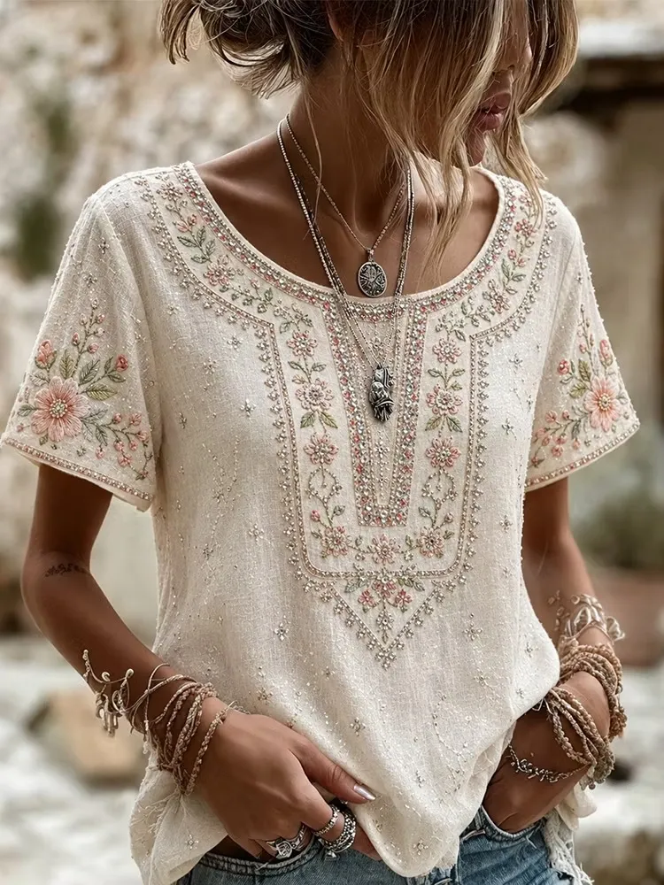 Women's Floral Rose Art Embroidered Linen Blend Tops