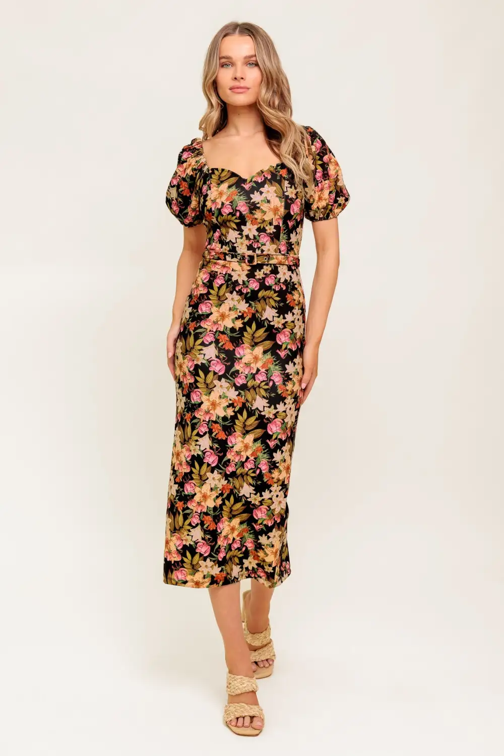 Modern Puff-Sleeve Printed Midi Dress