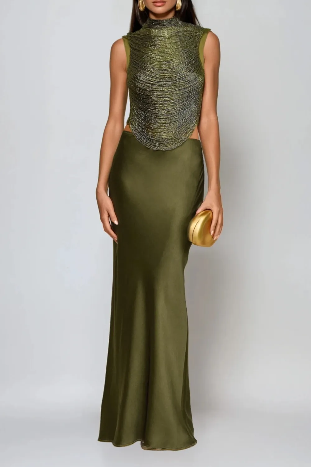 Fedde Fringe Satin Skirt Set In Olive