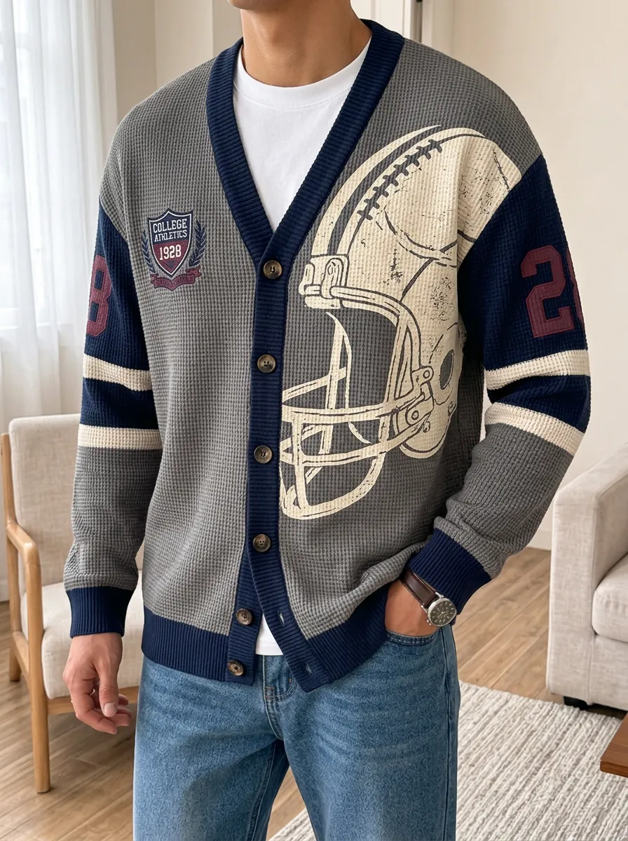 Men's American Football Helmet College Athletics Printed Waffle Cardigan