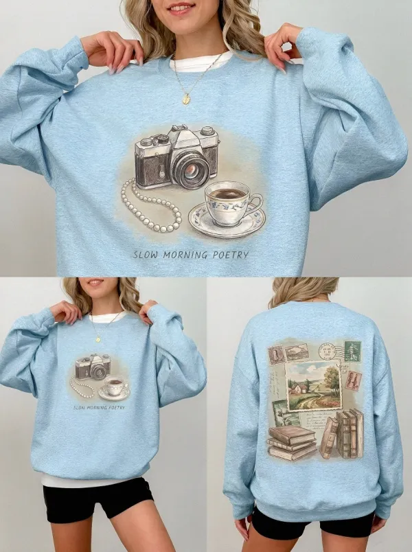 Women's Vintage Camera Coffee Books Printed Sweatshirt