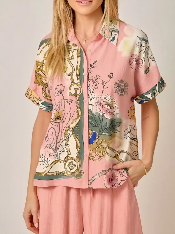 Women's Vintage Floral Chain Print Button Down Printed Shirt