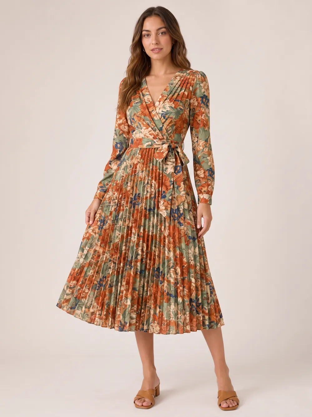 Women's Vintage Floral Pleated Wrap Printed Dress
