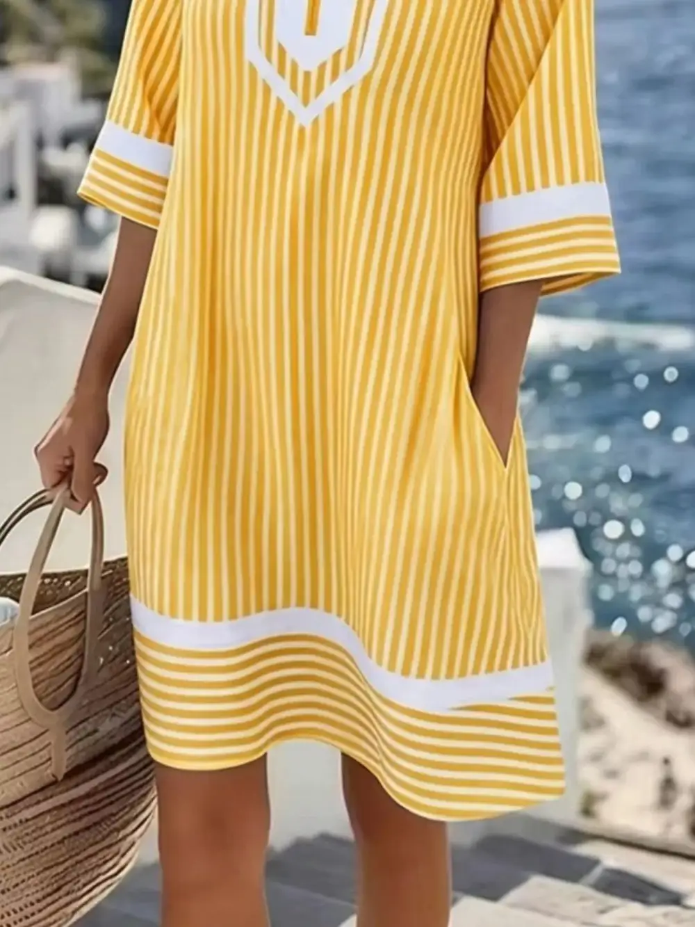 V-Neck Striped Casual Dress