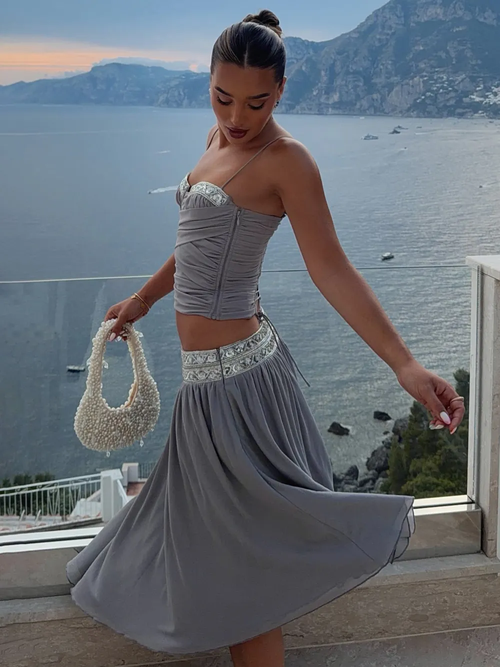 Isla Pleated Mesh Midi Skirt Set