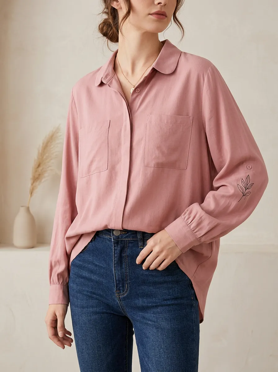 Women's Minimalist Botanical Leaf Printed Pink Button-up Shirt