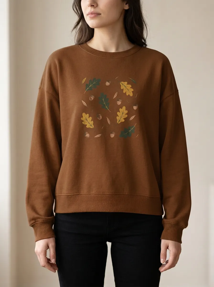 Refined Printed Acorn Leaf-Motif Graphic Sweatshirt