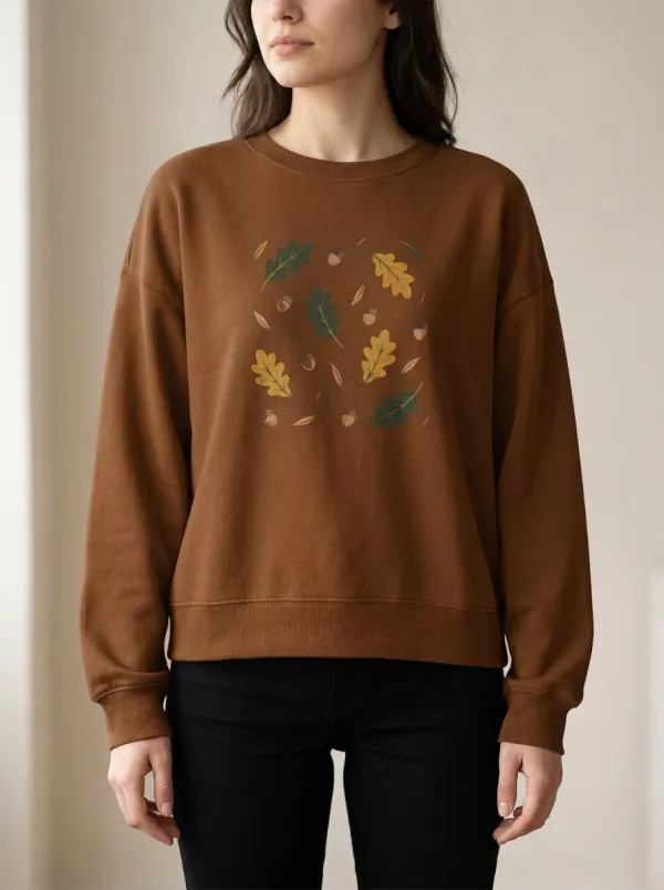 Refined Printed Acorn Leaf-Motif Graphic Sweatshirt