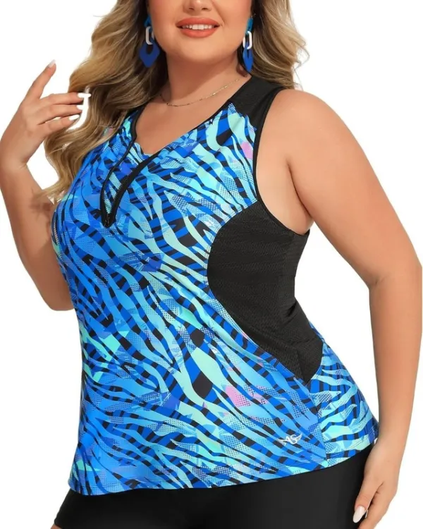 Mesh Scoop Neck Zipper Tankini Top