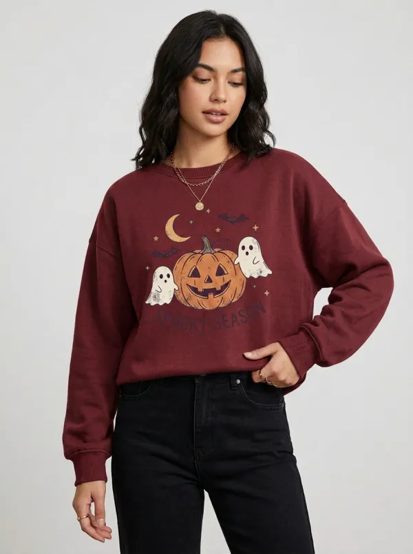 Women's Halloween Spooky Season Pumpkin Ghost Printed Sweatshirt