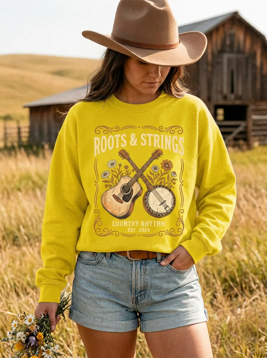 Rustic Guitar Banjo Women's Country Music Crew Neck Sweatshirt