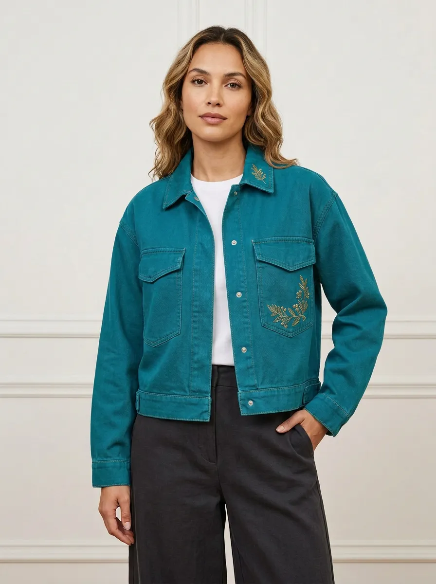 Women's Olive Green Botanical Leaf Embroidered Jacket