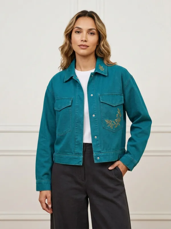 Women's Olive Green Botanical Leaf Embroidered Jacket
