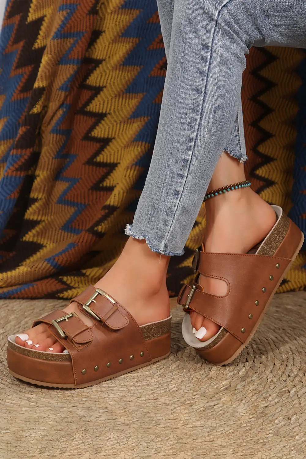 Dual Buckle Studded Platform Slippers