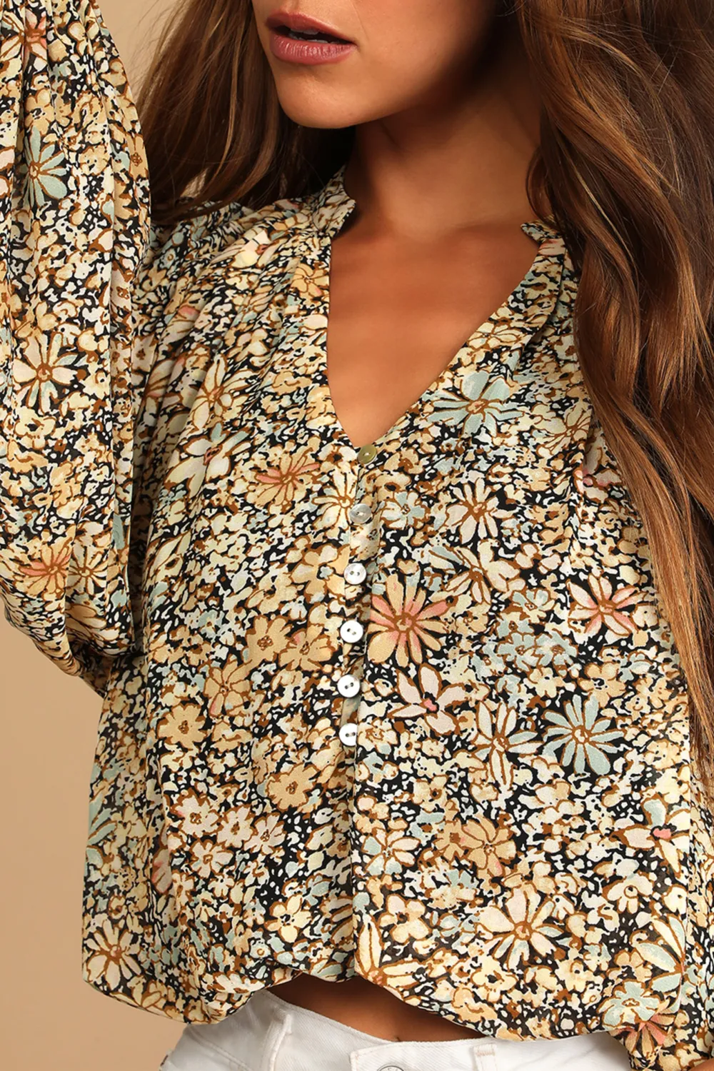 Casual Style Long Sleeve  Multi Floral Print Top