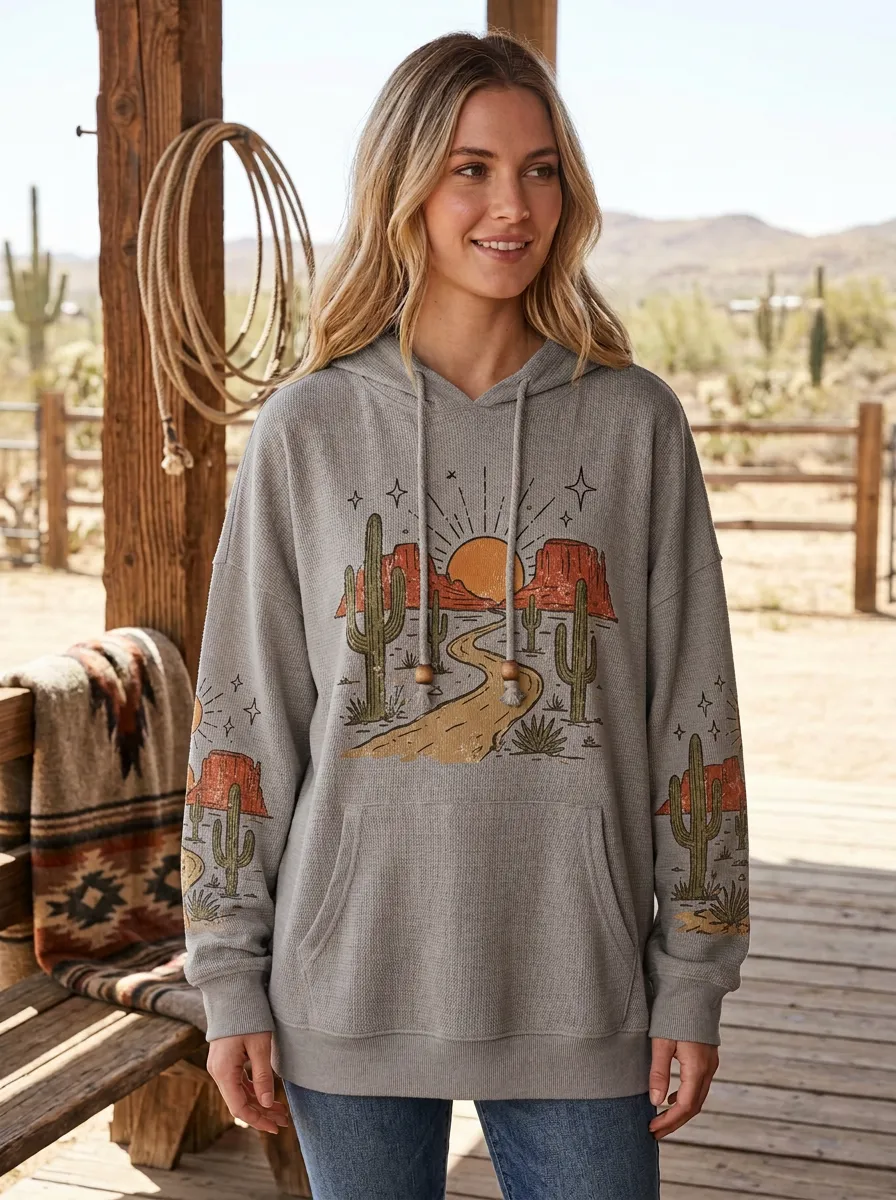 Women's Western Beige Desert Graphic Waffle Knit Hoodie