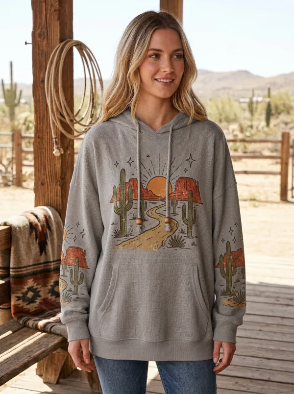 Women's Western Beige Desert Graphic Waffle Knit Hoodie