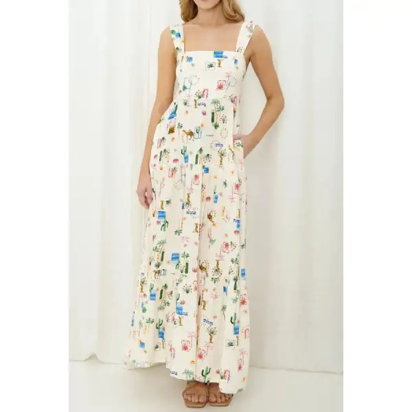 Printed Square Neck Wide Strap Maxi Dress