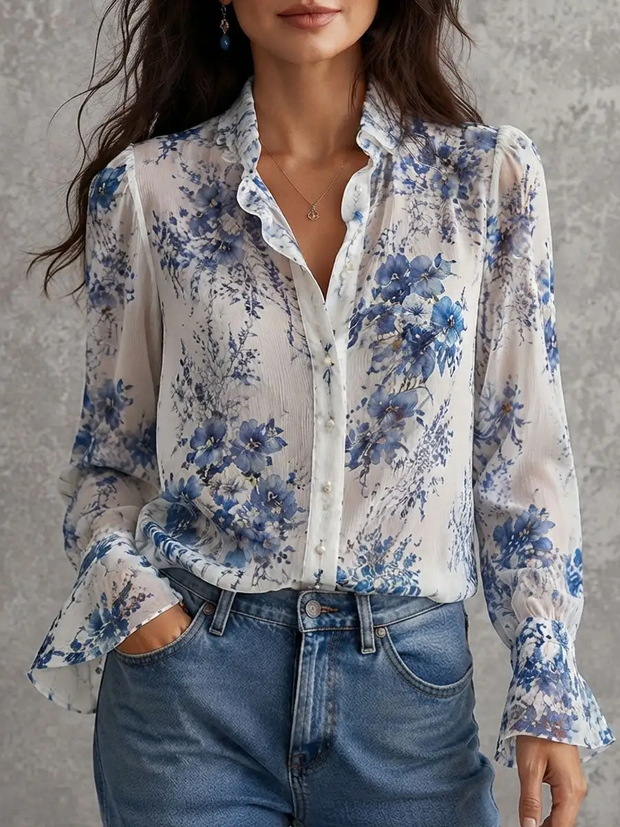 Boho Blue Floral Crinkle Chiffon Ruffle Collar Blouse