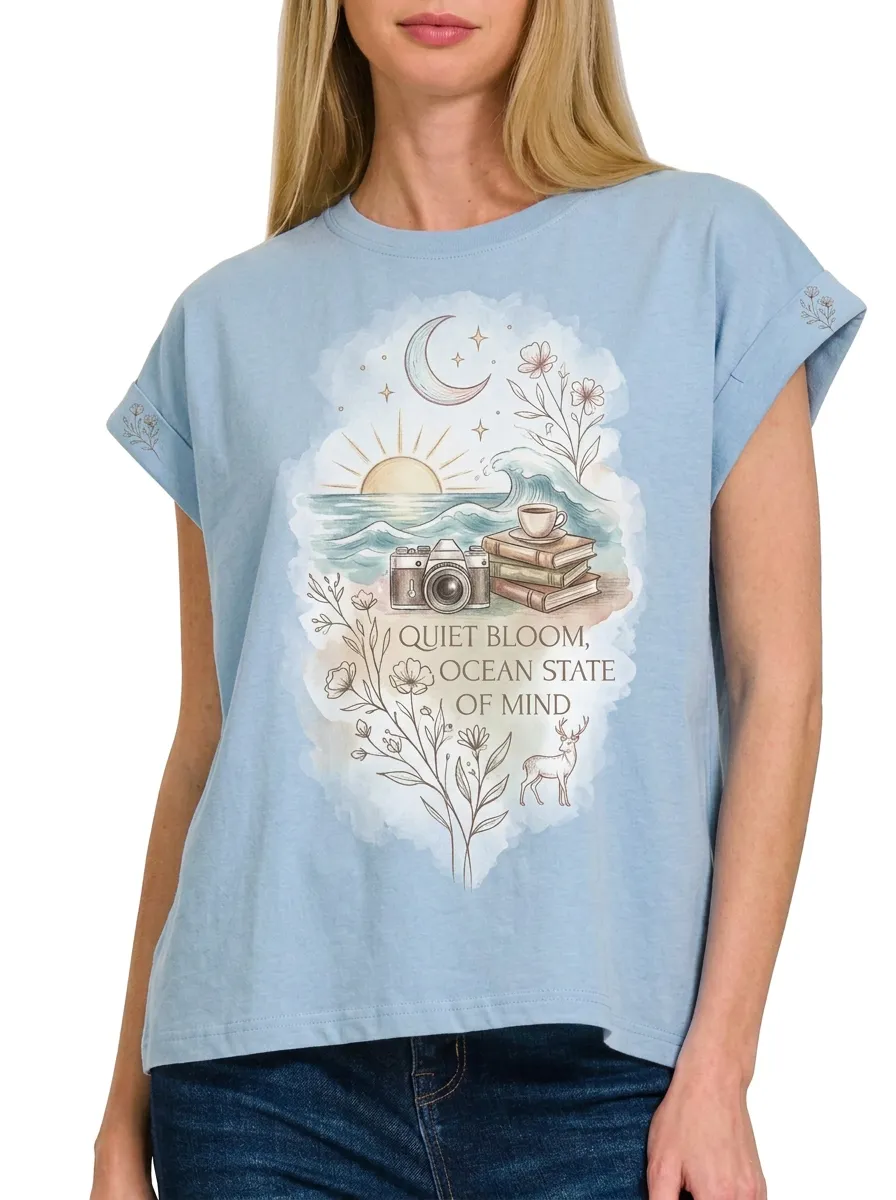 Women's Ocean Camera Books Floral Printed T-shirt