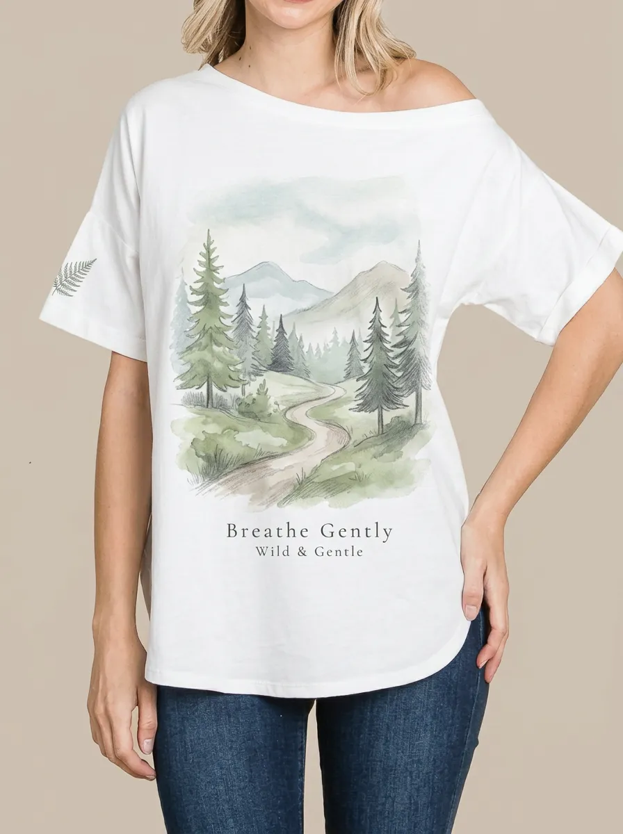 Women's Nature Lover Mountain Forest Path Printed T-shirt