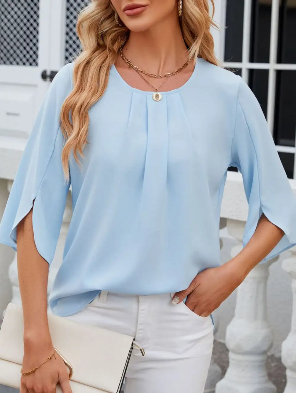 Chiffon Crew Neck Half Sleeve Blouse