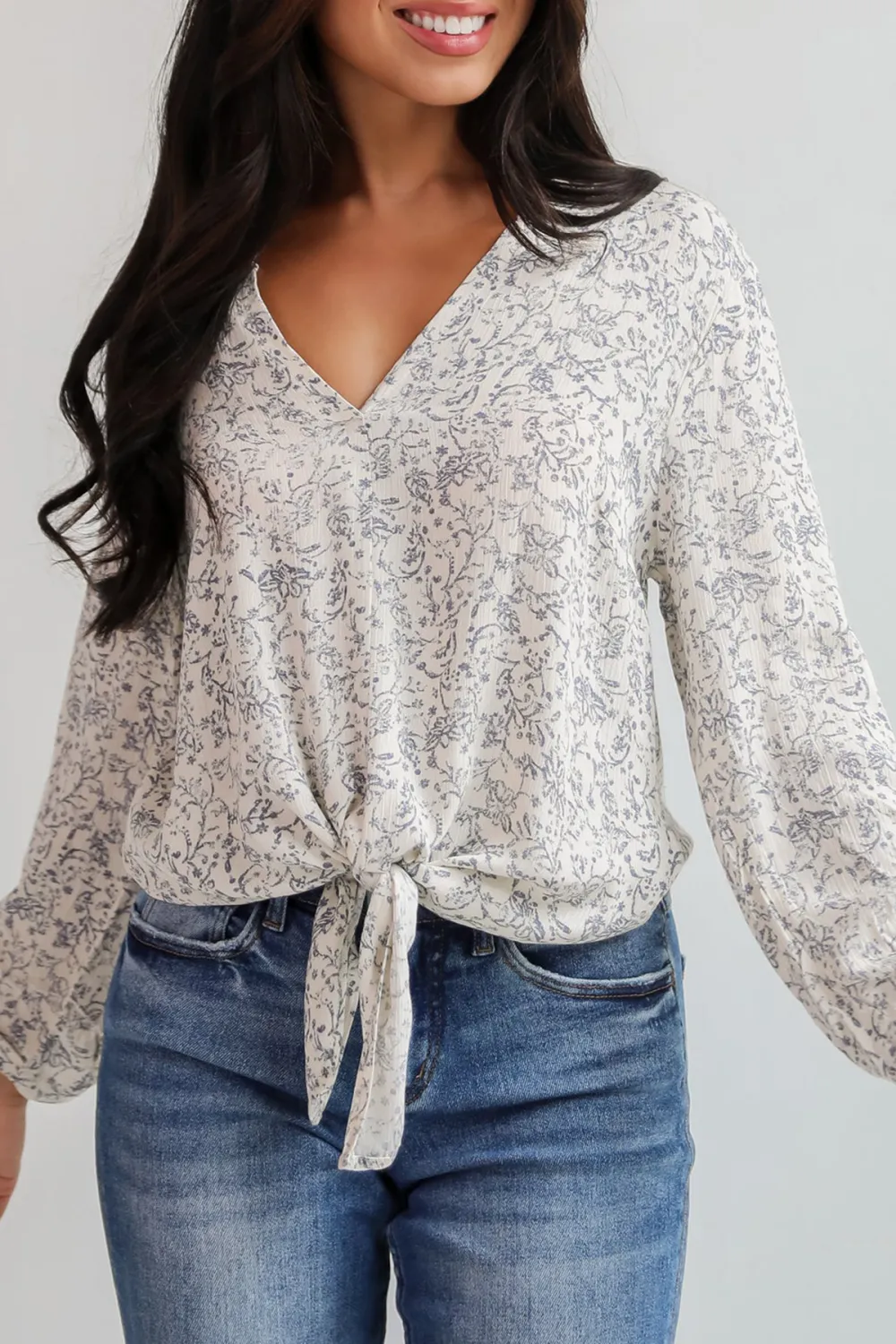 Cream Floral Tie-Front Blouse