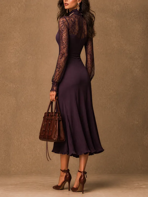 Elegant Matte satin Lace Long Sleeve Bodycon Midi Dress