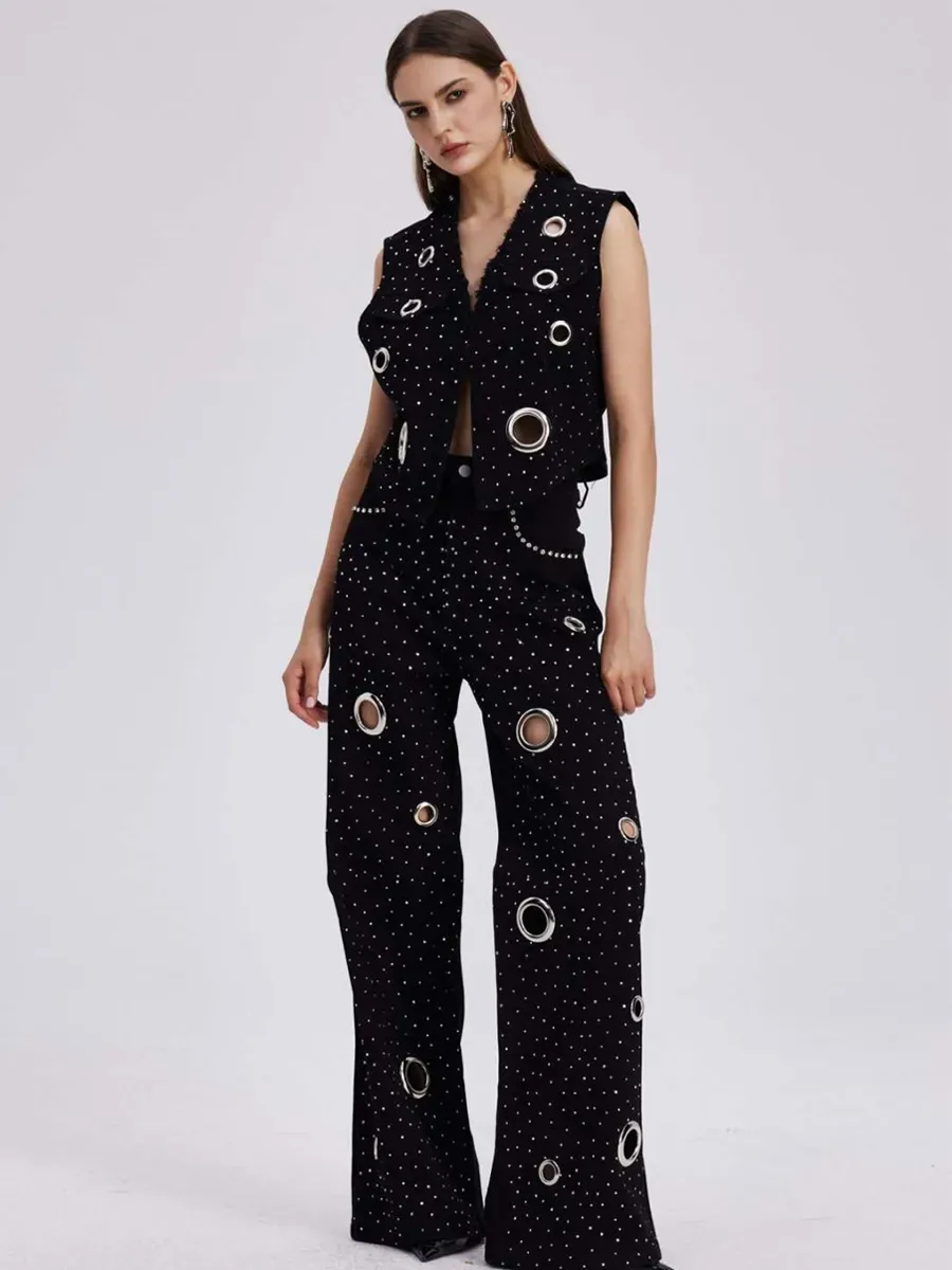 Liana Embellished Cutout Denim Pants Set