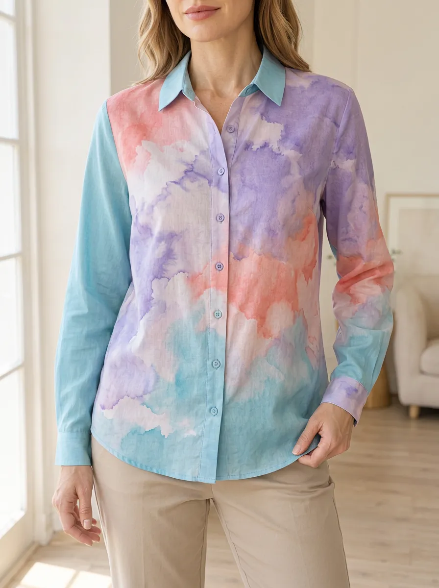 Women's Watercolor Cloud Pattern Printed Shirt