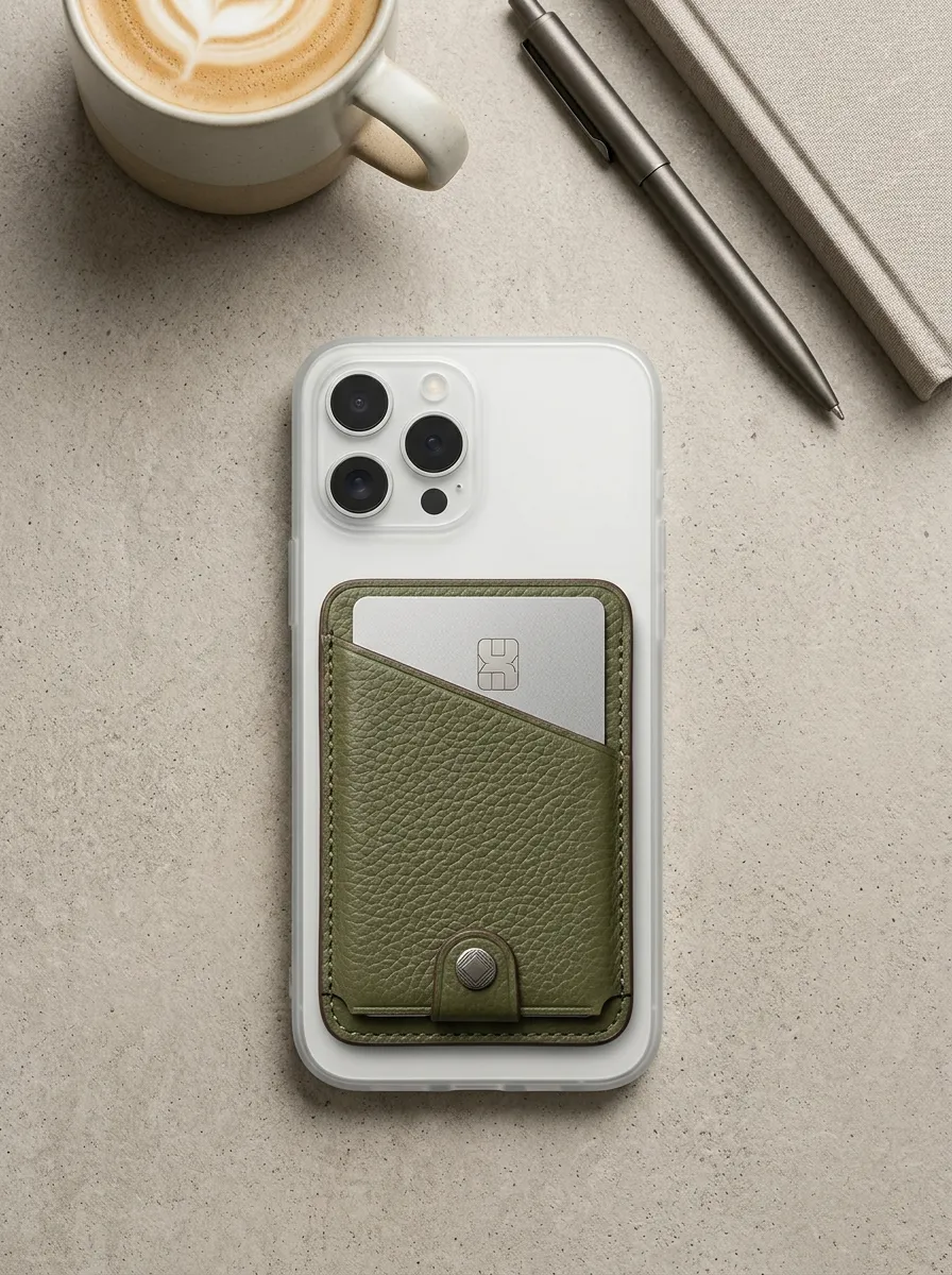 Unisex Minimalist Olive Green Leather Printed Phone Card Holder