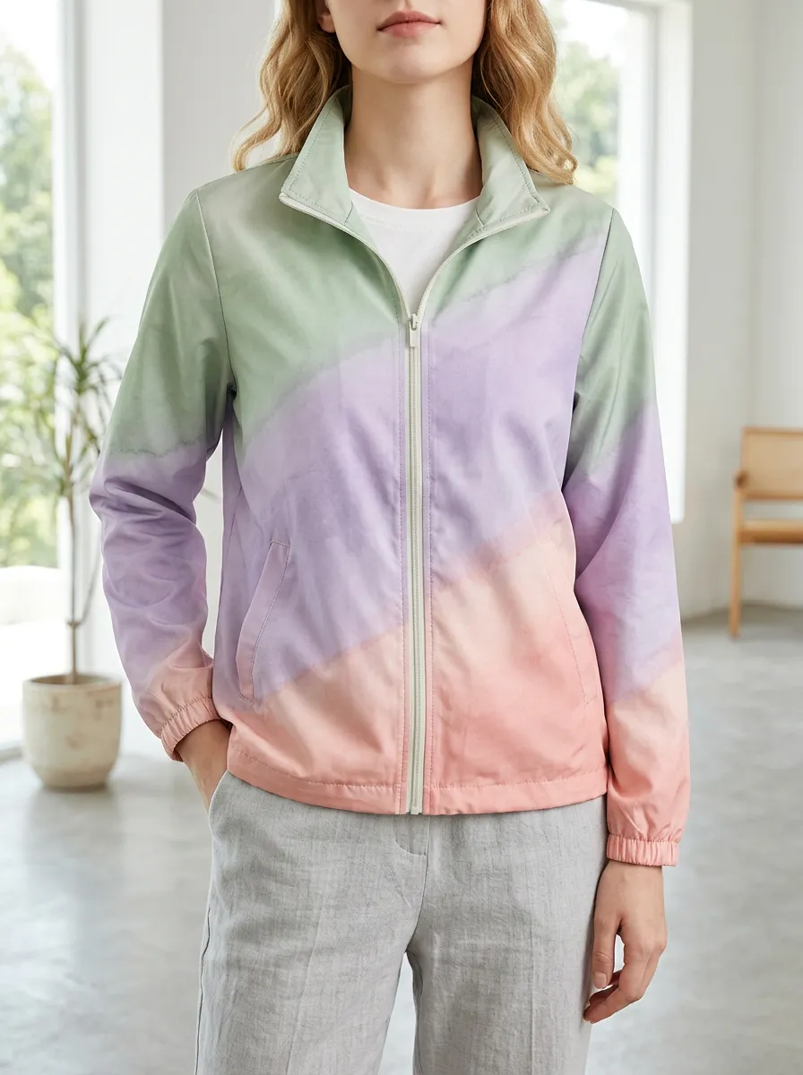 Women's Pastel Tie-Dye Diagonal Striped Printed Jacket