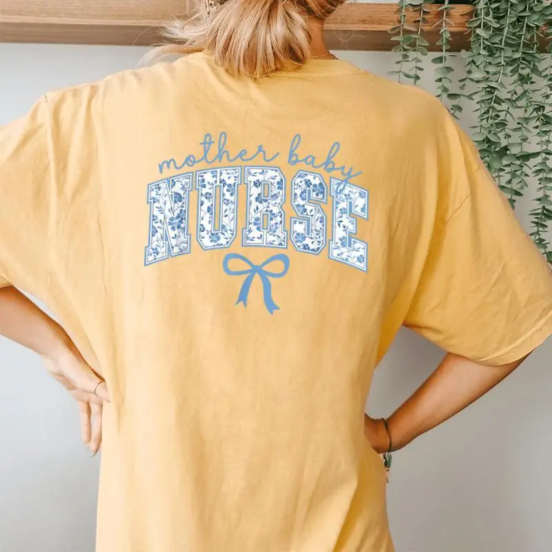 Mother Baby Nurse Coquette Blue Bow Postpartum Nurse Women's Oversized Comfort T-Shirt Back Print