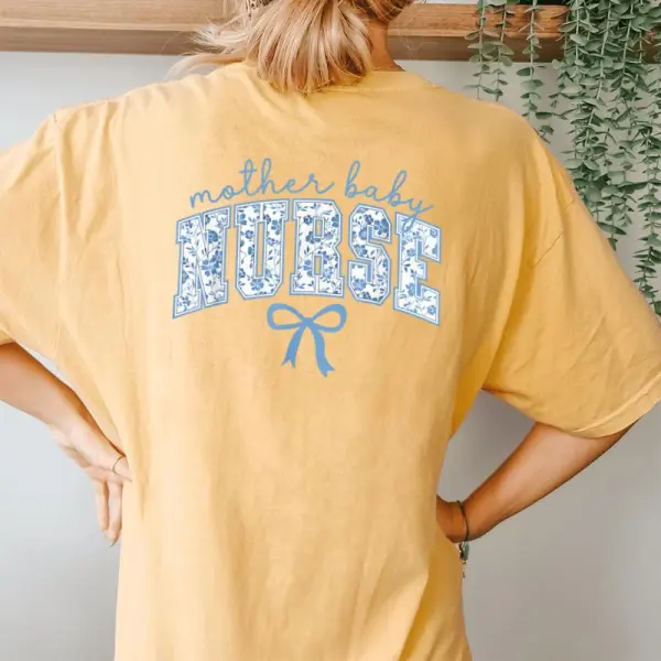 Mother Baby Nurse Coquette Blue Bow Postpartum Nurse Women's Oversized Comfort T-Shirt Back Print