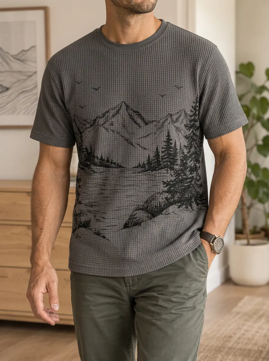 Men's Nature Outdoor Lover Mountain Forest Waffle Classic Crew Neck T-Shirt
