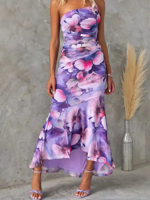 Ruched One-Shoulder Floral Maxi Dress