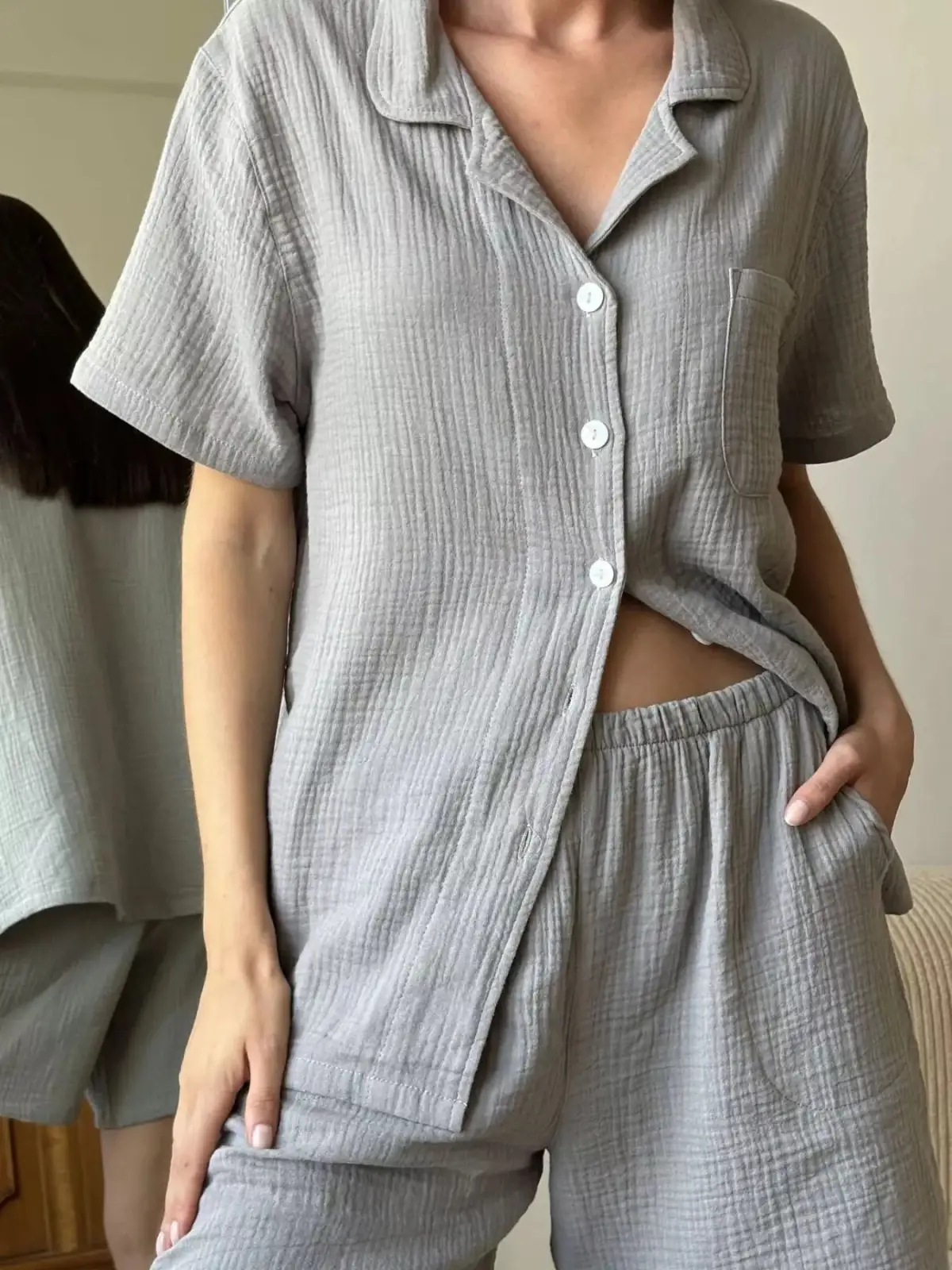 Pocketed Cotton Shirt and Shorts Matching Set