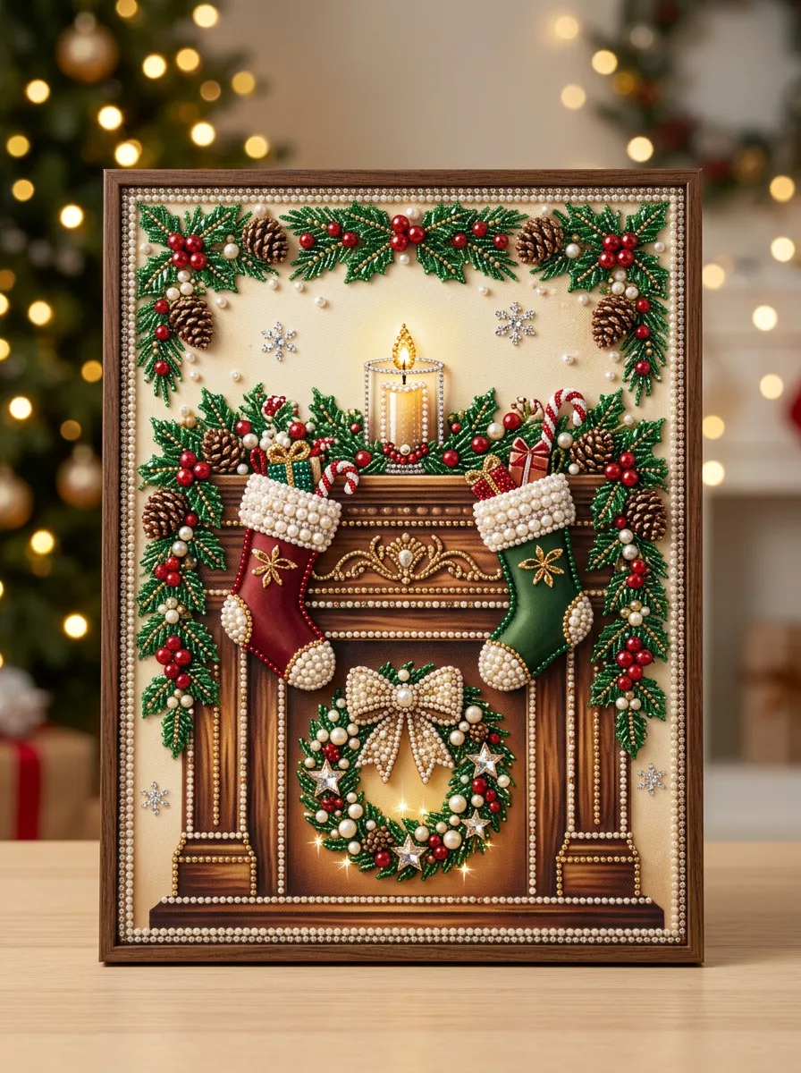 Christmas Fireplace Stockings Wreath Beaded Pearl Art Painting