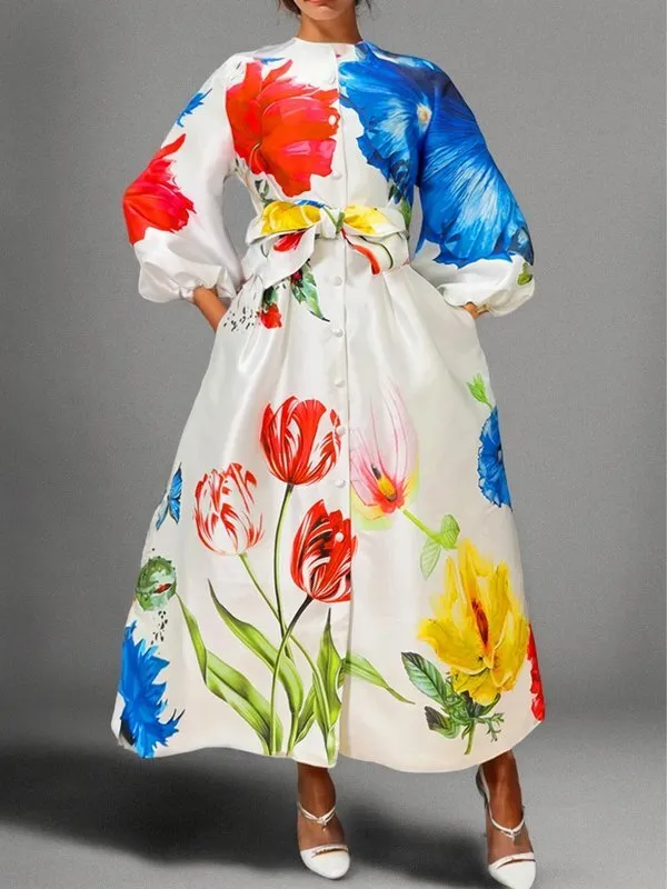 Elasticity Buttoned Long Neck Maxi Dress