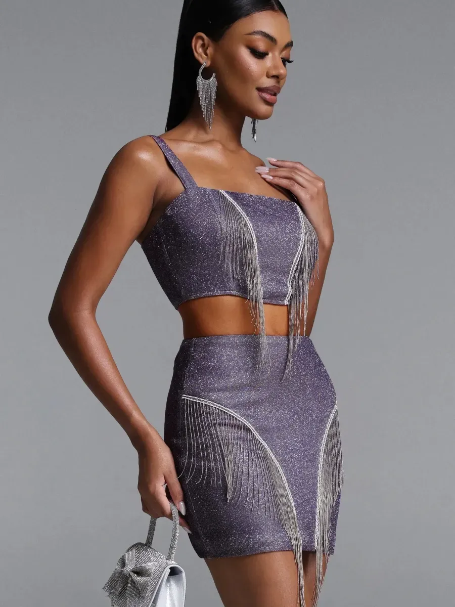 Gia  Glitter Fringe Crop Top & Mini Skirt Set